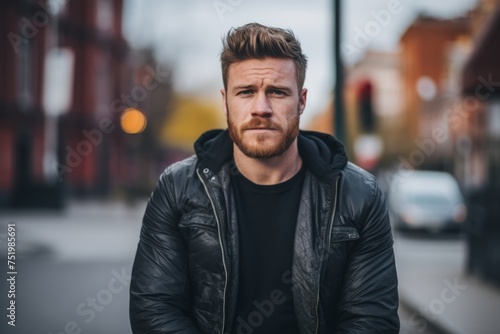 Portrait of a handsome young man with a beard in a black leather jacket on a city street.