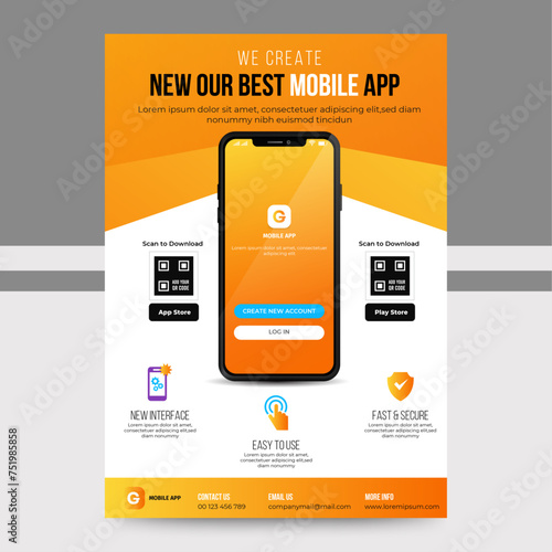 Mobile Apps Flyer template with yellow cover. Business brochure flyer design layout. smartphone icons mockup. application presentation. Magazine ads. poster. leaflet. infographics. in A4 size	