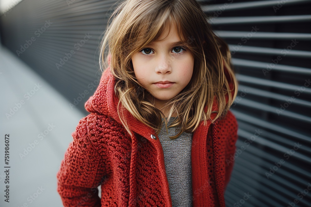Portrait of a cute little girl in a red sweater and coat. Portrait of a cute little girl in a red sweater and coat.
