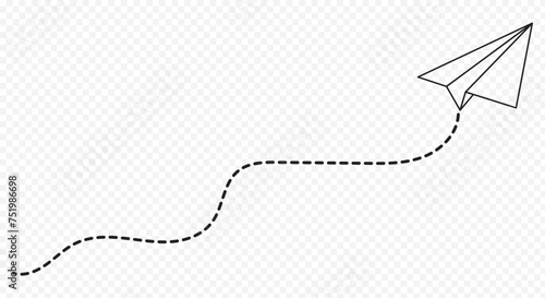 Paper plane with dotted line, Origami paper airplane, Travel symbol, vector illustration. Isolated. Outline. Hand drawn doodle airplane. Black linear paper plane icon eps 10.