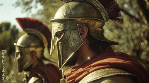 Two Spartan Hoplites march forward their bronze helmets and red capes glinting in the sunlight.