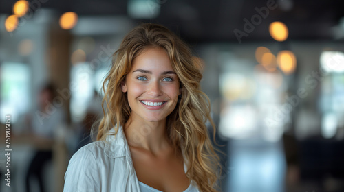 Smiling beautiful elegant businesswoman standing at lobby in a modern business office tower. bright white tone. bright white tone.