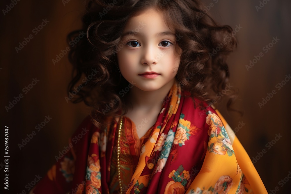 Portrait of a beautiful little girl with long curly hair in a red scarf Portrait of a beautiful little girl with long curly hair in a red scarf
