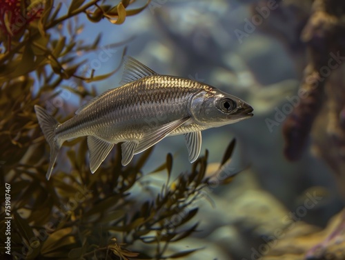 Grey Mullet Fish Swimming Amidst Aquatic Plants, Subtle Water Movement
