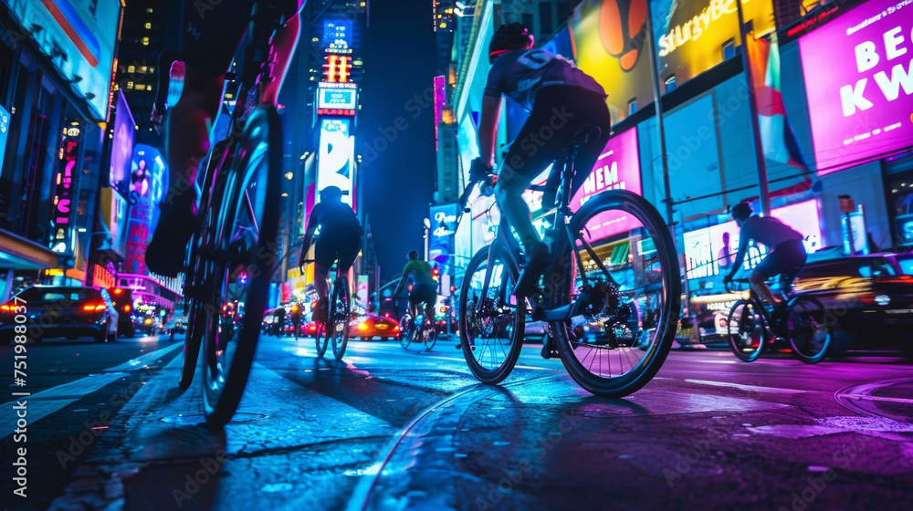 In the foreground a group of cyclists ride along a dedicated lane through an illuminated cityscape with colorful signs and banners proclaiming the area as bikefriendly. In the foreground a group of cyclists ride along a dedicated lane through an illuminated cityscape with colorful signs and banners proclaiming the area as bikefriendly.
