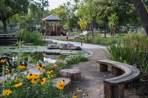 A sustainable urban park featuring a curved wooden bench by a pond, surrounded by native plants and trees.