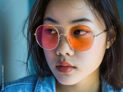 Vintage Chic: Young Woman in Rose-Tinted Glasses and Denim