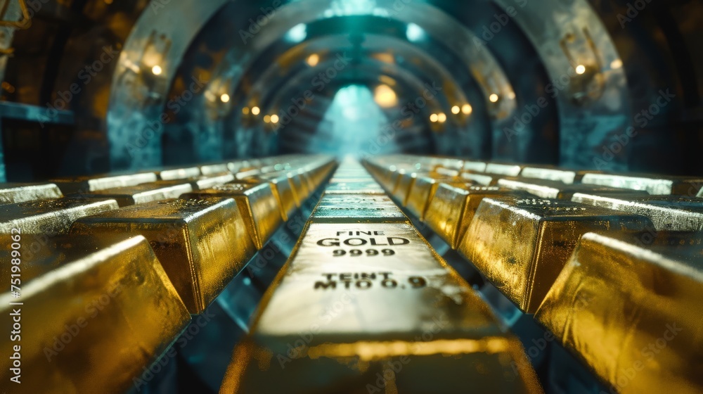 Macro shot of gold bars in a central bank vault, economic stability reports in the backdrop - obrazy, fototapety, plakaty 
