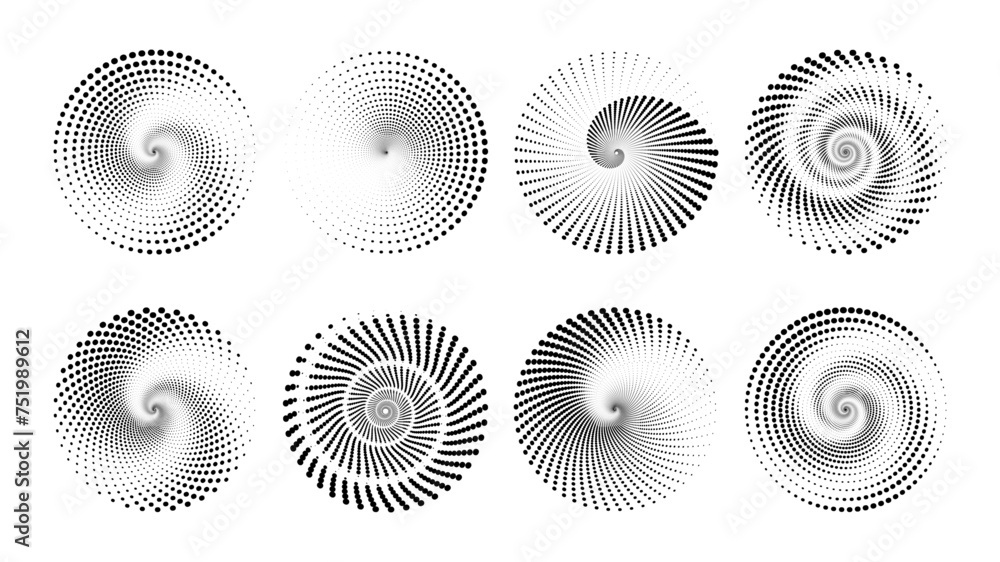 Set of Halftone dotted circular optical decoration Icon. Set of speed lines in circle form. Spiral Design Element Shapes - obrazy, fototapety, plakaty 