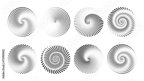 Set of Halftone dotted circular optical decoration Icon. Set of speed lines in circle form. Spiral Design Element Shapes