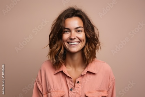 Portrait of a smiling young woman on a beige background.