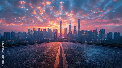 Panoramic skyline and modern commercial buildings with empty road. Asphalt road and cityscape at sunrise  Generative AI photo