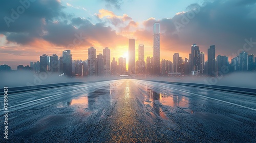 Panoramic skyline and modern commercial buildings with empty road. Asphalt road and cityscape at sunrise Generative AI