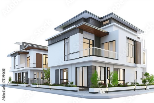 Contemporary duplex houses, on isolated white background, Generative AI © Box Milk