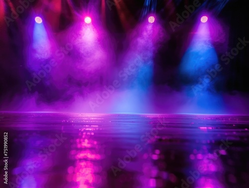 Concert stage with vibrant pink and blue lights, smoke effects, empty performance space, reflective floor, atmospheric mood