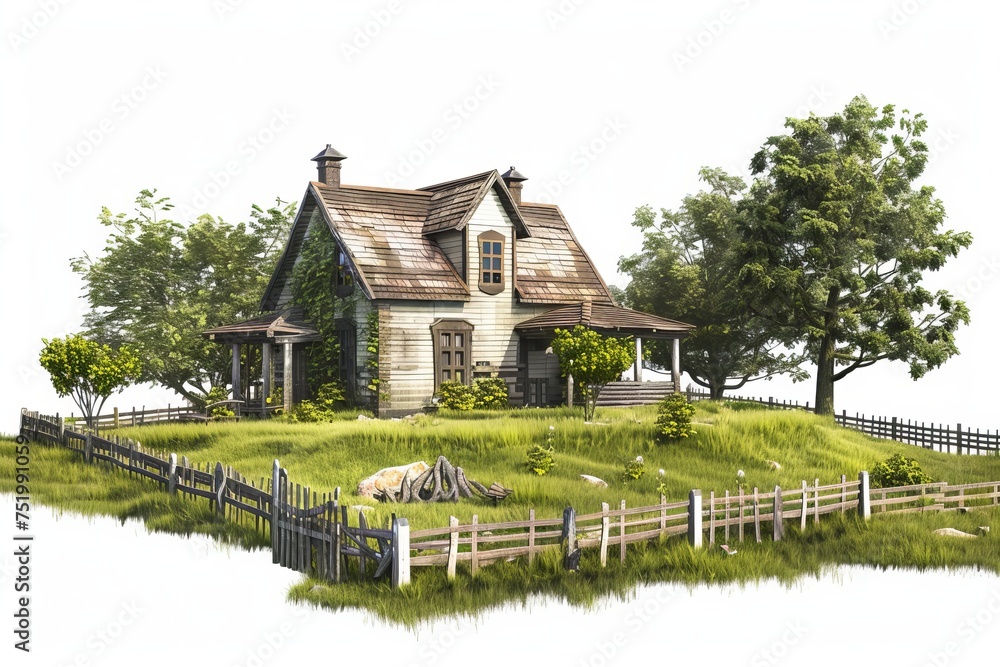 Obraz premium Rustic farmhouse with surrounding fields, on isolated white background, Generative AI