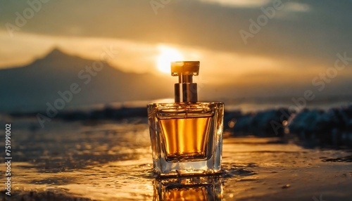 perfume bottle on sunset, a bottle of perfume sitting on top of a table, a 3D render by Christopher Williams, cg society contest winner, magical realism, rendered in unreal engine, 