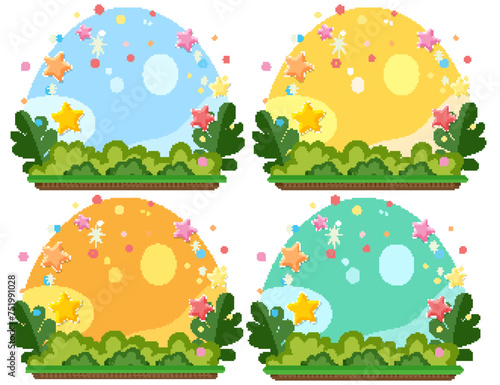 Four colorful  stylized seasonal landscape illustrations.