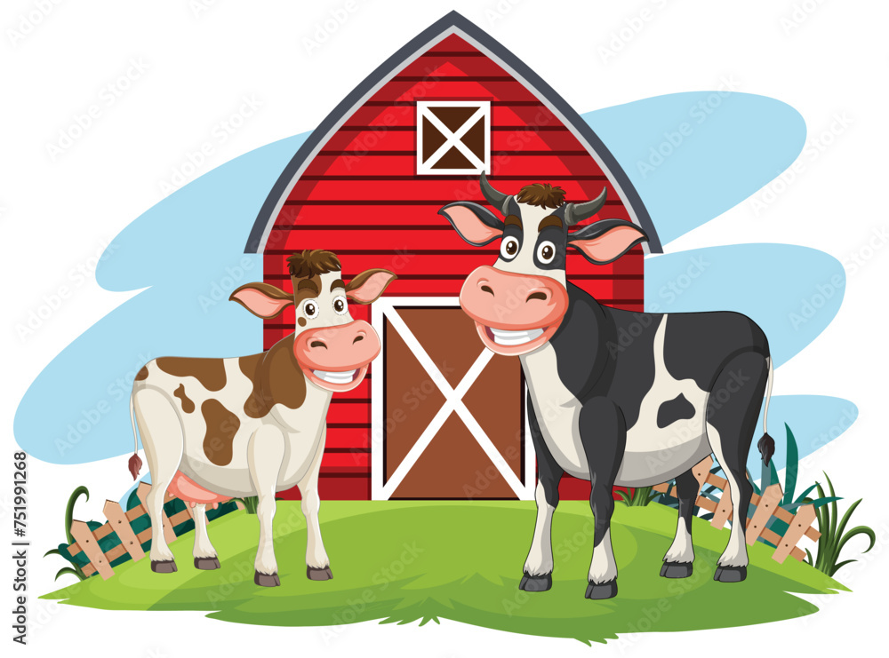 Two cartoon cows standing by a barn