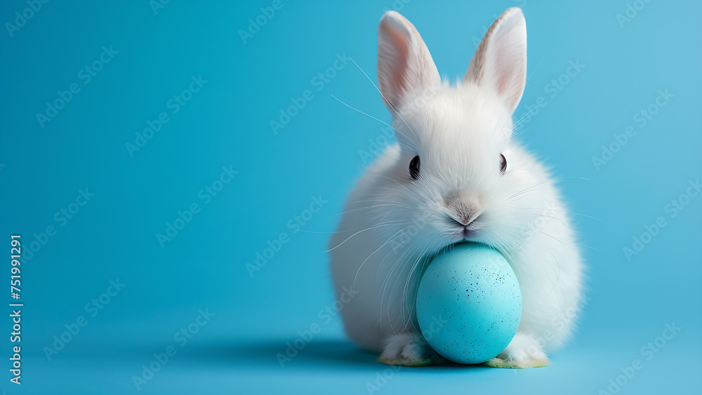 Bunny holding easter egg on pastel blue background.