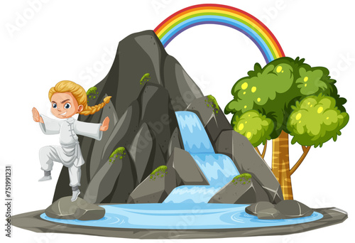 Animated karate kid practicing moves near waterfall