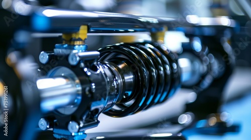 Zoomed-in image of an innovative shock absorber system on a performance vehicle, suspension details visible