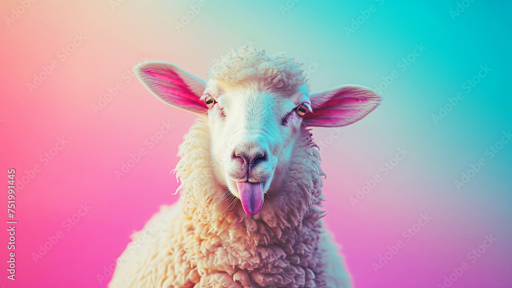 Fototapeta premium The funny sheep on pink and blue background. An optimistic concept.