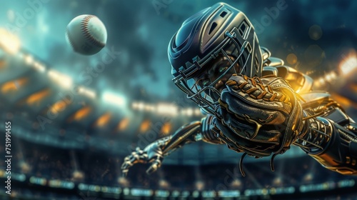 alien Baseball shortstop catches the ball on glove in professional baseball stadium photo