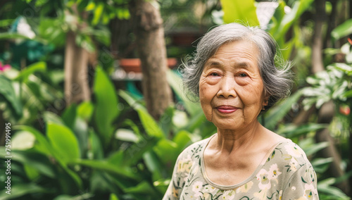 Asian senior woman with a smile on a nature background.
