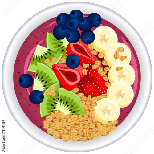 Top View of Acai Smoothie Bowl with Fresh Fruits and Oats 