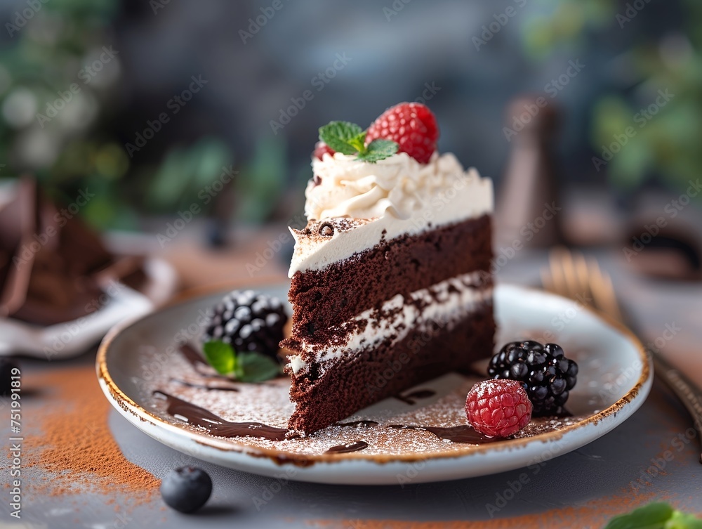 Chocolate Guinness Cake recipe photography on blurred background Chocolate Guinness Cake recipe photography on blurred background