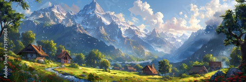 sunset in mountains, Village landscape game concept art environment illustration