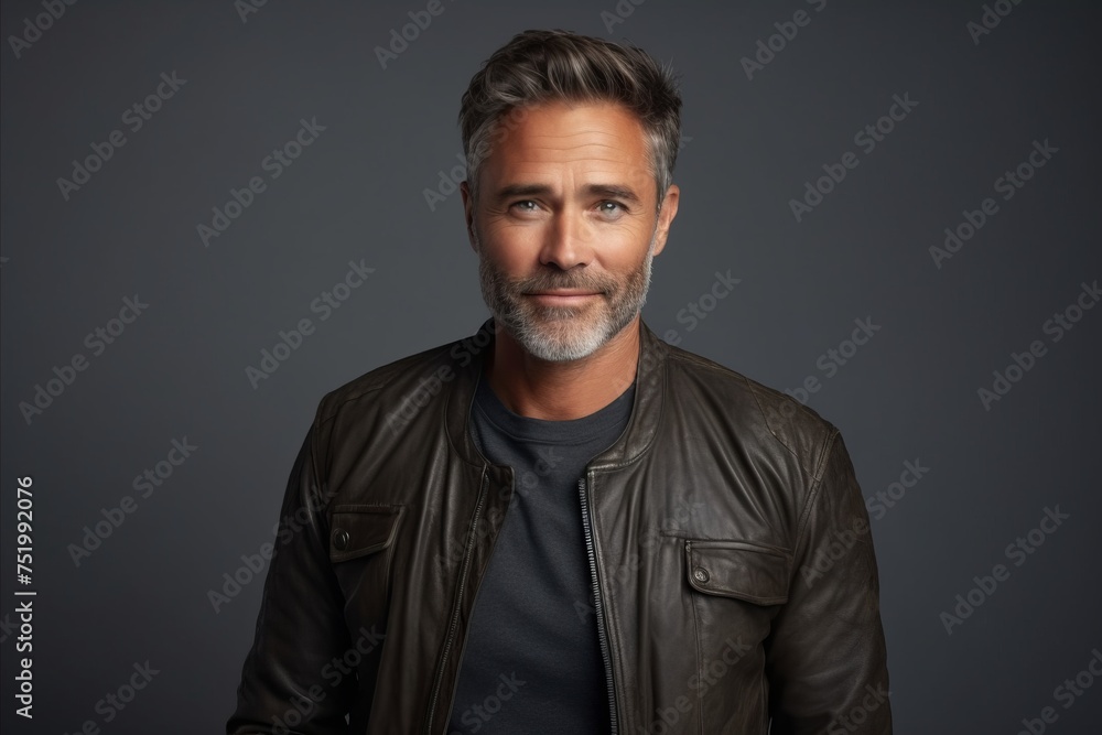 Portrait of a handsome mature man in leather jacket. Men's beauty, fashion.