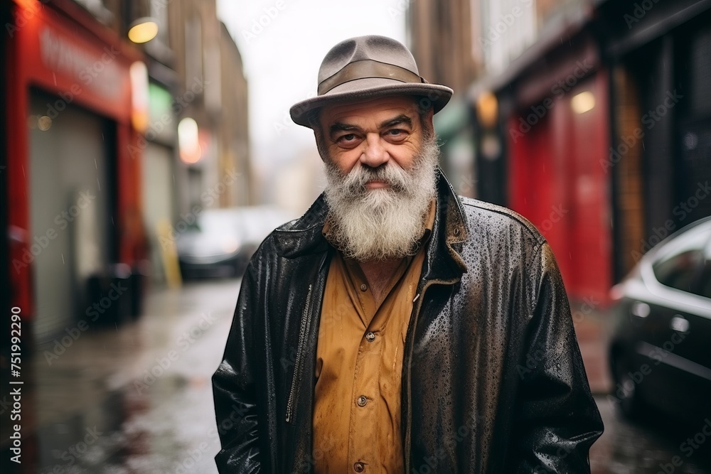 Portrait of an old man in a hat and leather jacket on the street
