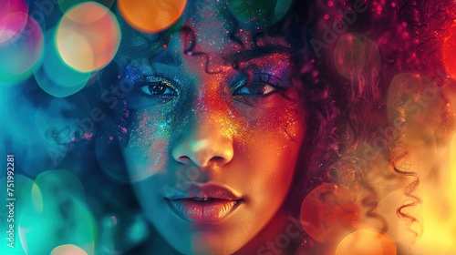 A close-up image of a person adorned with colorful, sparkling makeup. The individual's skin is embellished with a variety of shimmering pigments, in hues of blue, pink, and gold, creating a vibrant an