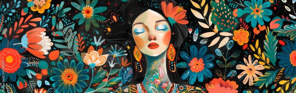 Mystical Woman in Floral Abundance Illustration
