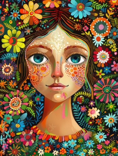 Folk Floral Woman Portrait with Colorful Blossoms 