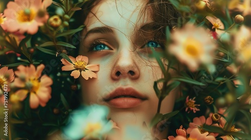 A close-up portrait of a person emerging among vibrant flowers. The person's face is partially obscured by the foliage, with focus primarily on their eyes, which display a captivating blue hue. Their 