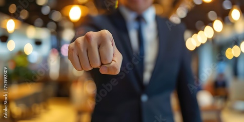 Businessman fist to camera, angry customer 