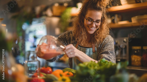 Happy healthy young woman wearing glasses pouring vegetable smoothies freshly made from assorted vegetable ingredients on her kitchen counter.