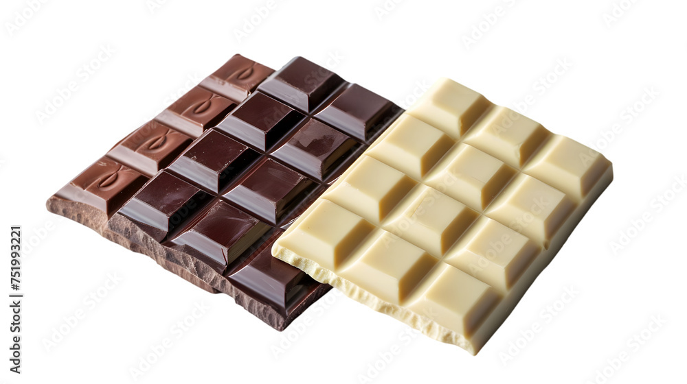 Fototapeta premium chocolate in diffrent color. milk, dark and white chocolate bars isolated on transparent background