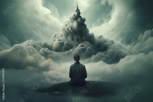 States of mind, psychology, culture and religion concept. Human silhouette sitting in meditation pose in surreal and mystical world background