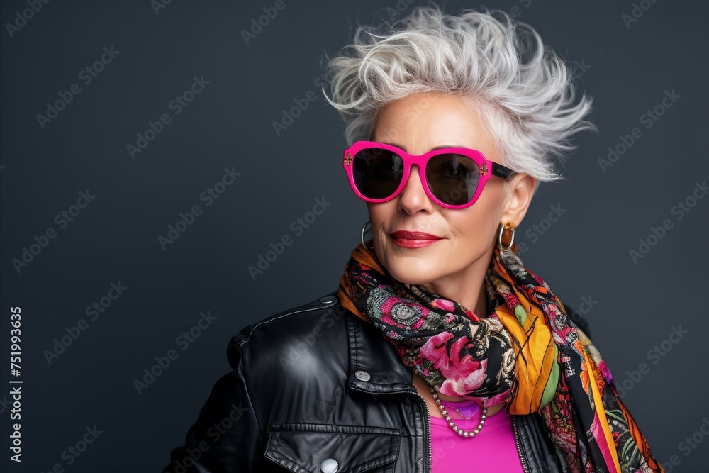 Fashionable blonde woman in sunglasses and colorful scarf. Studio shot.