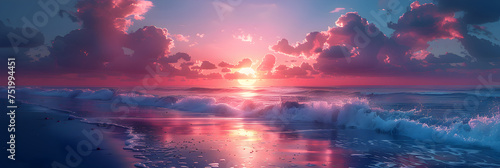 Sunset over the river 3d view,  Ocean beach sunset fantasy seascape digital art © Rehman