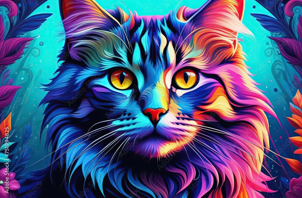 A colorful cat. Fantasy illustration, psychedelic art 