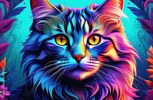 A colorful cat. Fantasy illustration, psychedelic art 