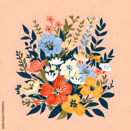 Floral pattern with colorful flowers on the peach fuzz background. Spring creative wallpaper.