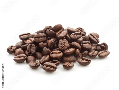 Medium Roast Coffee Beans on White Scattered coffee beans, glossy texture, medium roast, isolated on white background, close-up, rich brown color