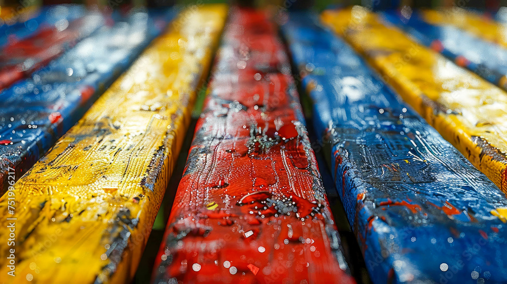 Colorful wooden bench with water drops on it. Selective focus - obrazy, fototapety, plakaty 