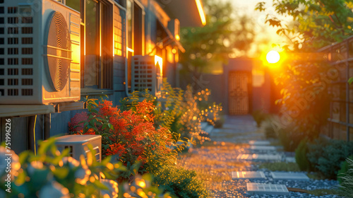 Outdoor unit of air conditioner in the garden at sunset